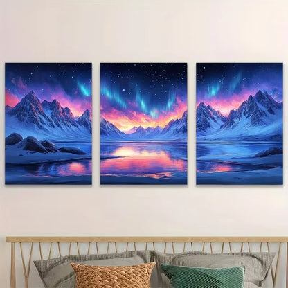 3pcs Northern Lights Over Snowy Mountains   Wall Art Set Canvas Framed 60x90cm - High Quality Print 100% Australian Made Wall Canvas Ready to Hang