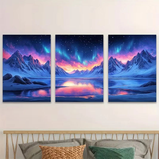 3pcs Northern Lights Over Snowy Mountains   Wall Art Set Canvas Framed 60x90cm - High Quality Print 100% Australian Made Wall Canvas Ready to Hang