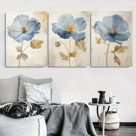 3pcs Blue Floral Modern Botanical Wall Art Set Canvas Framed 40x60cm - High Quality Print 100% Australian Made Wall Canvas Ready to Hang