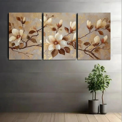 3pcs Magnolia Flowers in Beige and Brown Colors Metal Print Ready to Hang Art