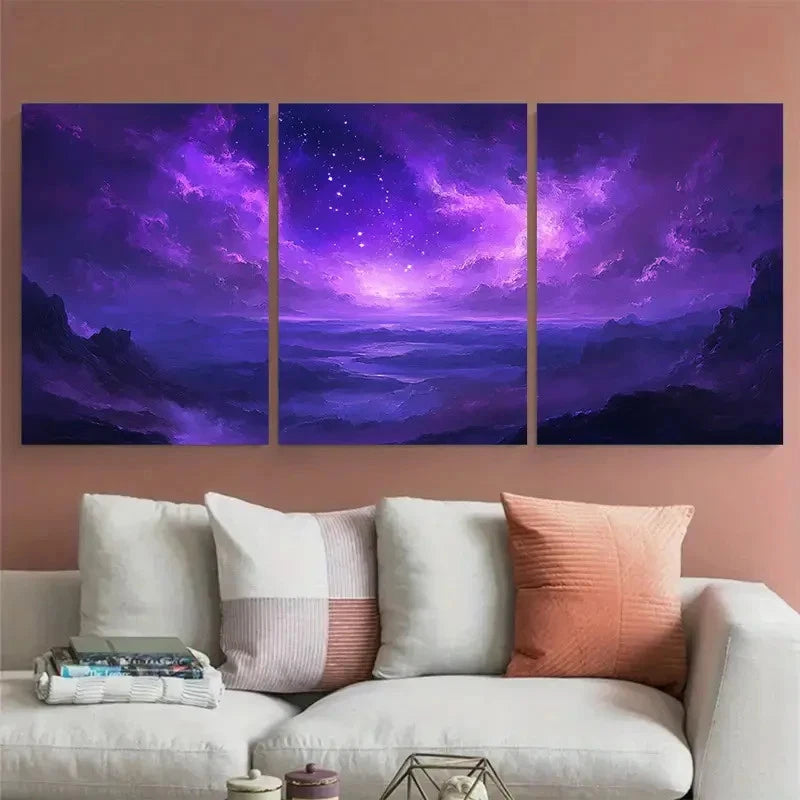 3pcs Elegant 'Starry Dreams' Abstract Purple Sky Wall Art Set Canvas Framed 50x70cm - High Quality Print 100% Australian Made Wall Canvas Ready to Hang