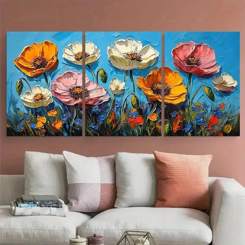 3pcs California Poppy Abstract Flowers Impasto Metal Print Ready to Hang Art