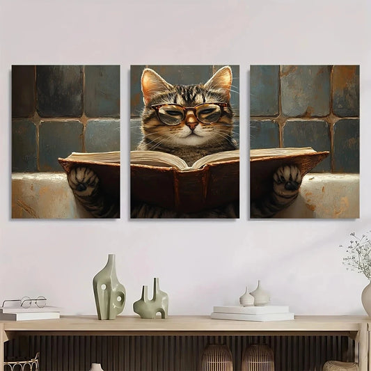 3pcs Whimsical Cat Charming Animal Glasses Metal Print Ready to Hang Art