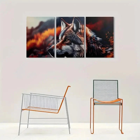 3pcs Vibrant Autumn Colors Wolf Metal Print Ready to Hang Art