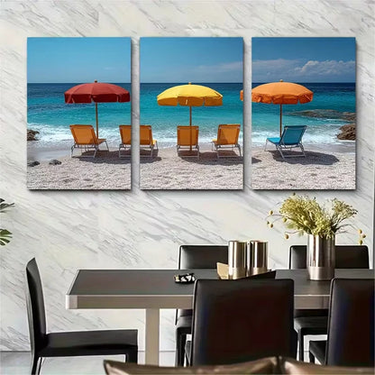 3pcs Minimalist Beach Chair Parasol Metal Print Ready to Hang Art