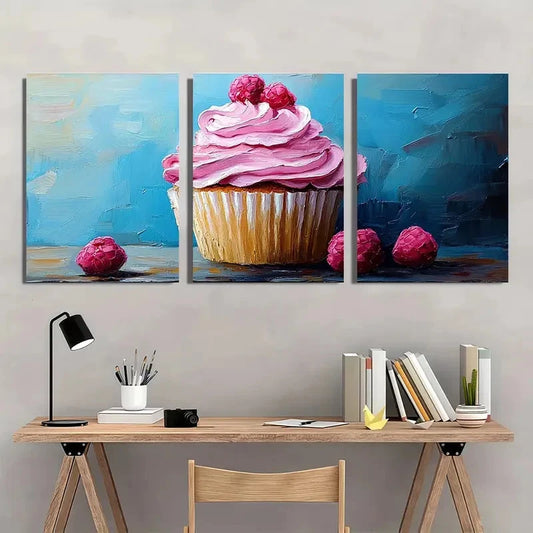 3pcs Cupcake Sweet Dessert Impasto Perfect Wall Art Set Canvas Framed 40x60cm - High Quality Print 100% Australian Made Wall Canvas Ready to Hang