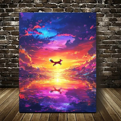 Vibrant Fox Sunset Reflection Joyful Fox Painting 40x60cm Metal Print Ready to Hang