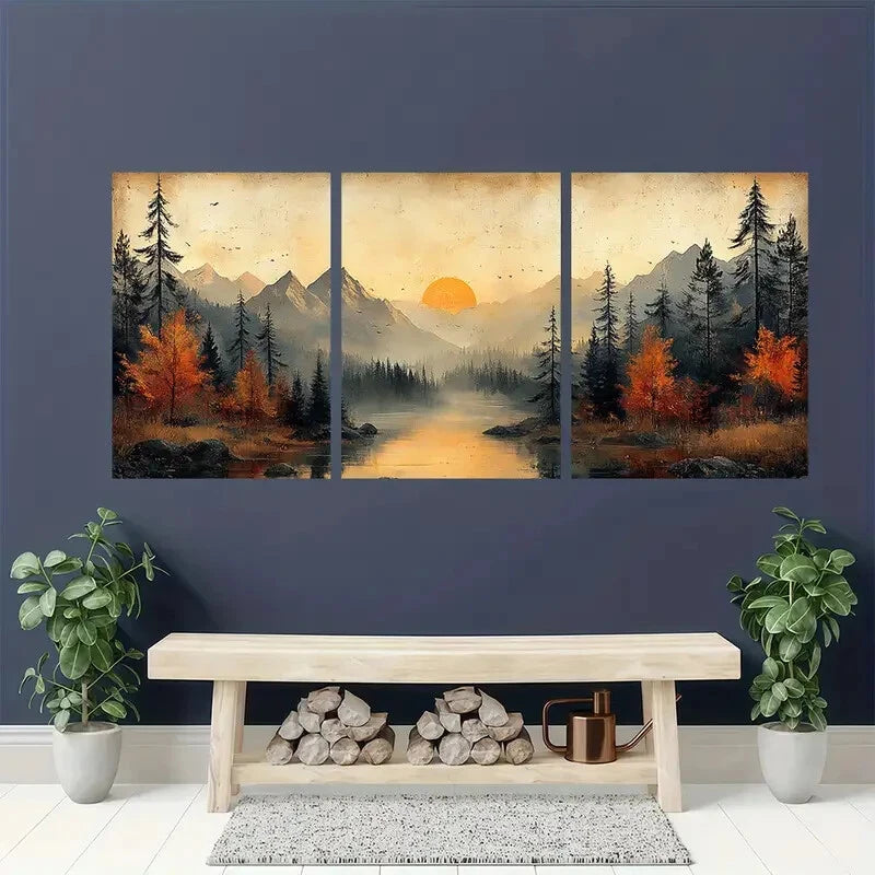3pcs Vintage Autumn Mountain Landscape Metal Print Ready to Hang Art