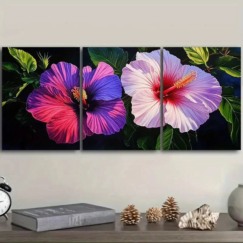 3pcs Hibiscus Flower Vibrant Pink & Purple Floral Metal Print Ready to Hang Art