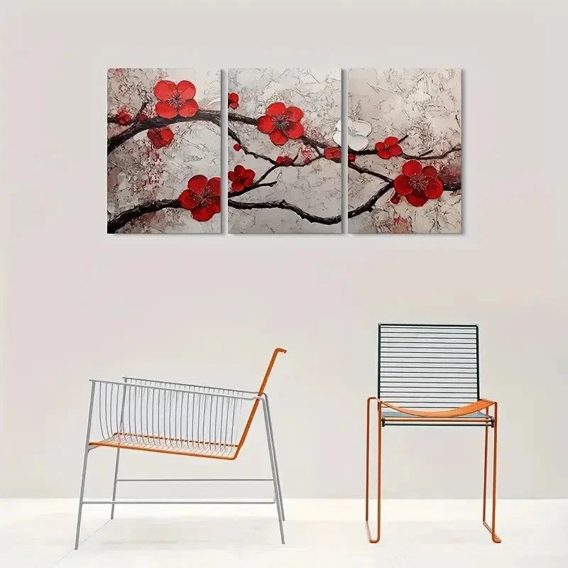 3pcs Red Cherry Blossom Painting Metal Print Ready to Hang Art