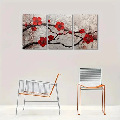 3pcs Red Cherry Blossom Painting Metal Print Ready to Hang Art