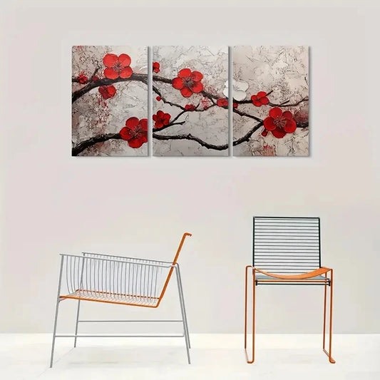3pcs Red Cherry Blossom Painting Metal Print Ready to Hang Art