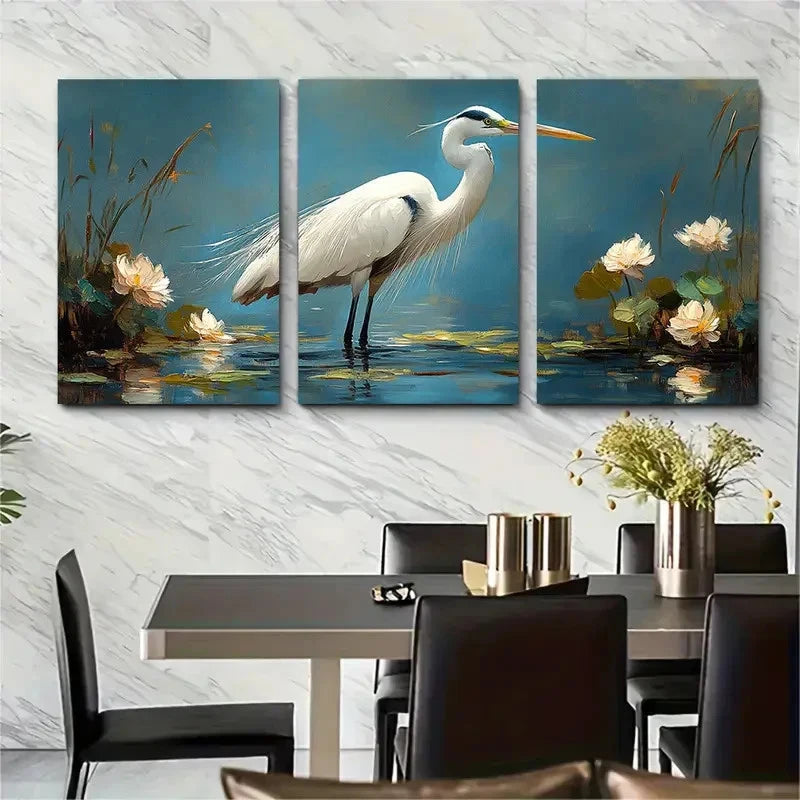3pcs White Heron Egret Impasto Perfect Wall Art Set Canvas Framed 40x60cm - High Quality Print 100% Australian Made Wall Canvas Ready to Hang