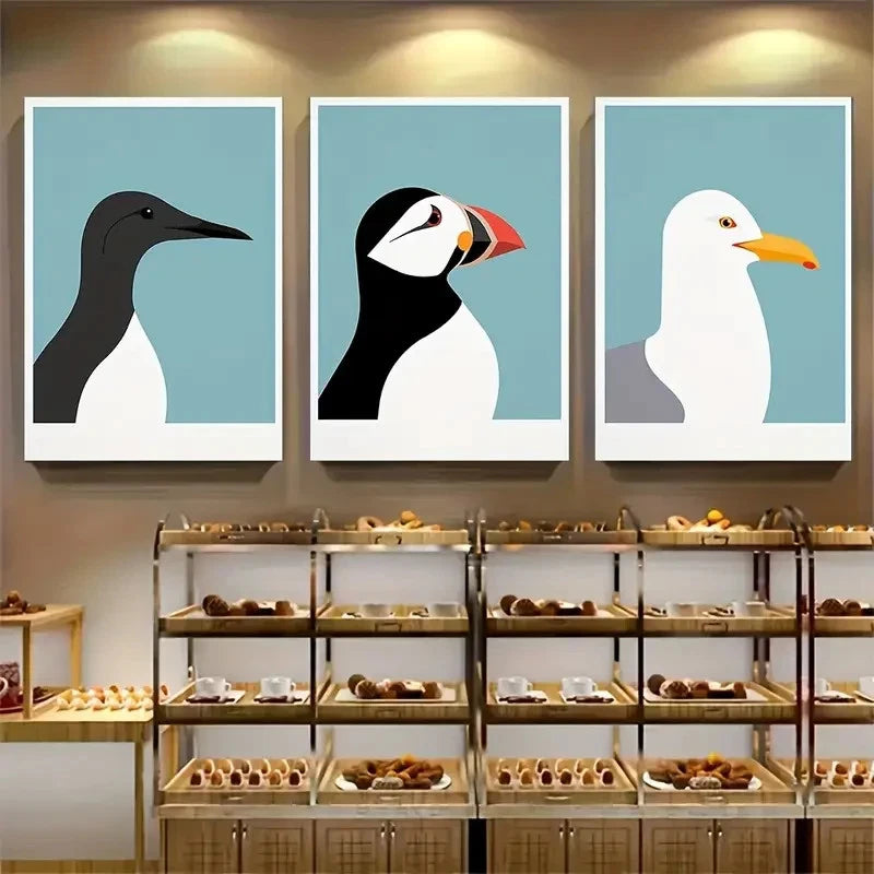 3pcs Seagull Puffin Guillemot Wall Art Metal Print Ready to Hang Art