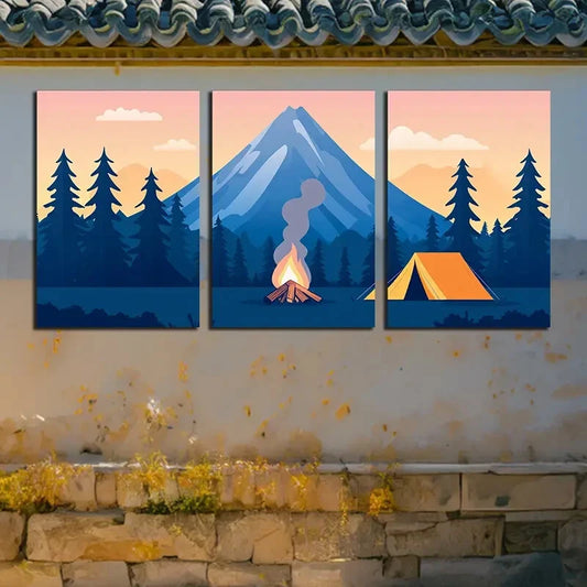 3pcs Nature Mountain, Campfire, and Tent Scenes Metal Print Ready to Hang Art