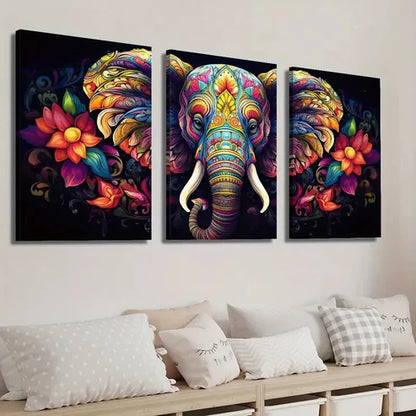 3pcs Colorful Elephant & Floral Wall Art Set Canvas Unframed - High Quality Print 100% Australian Made Wall Canvas