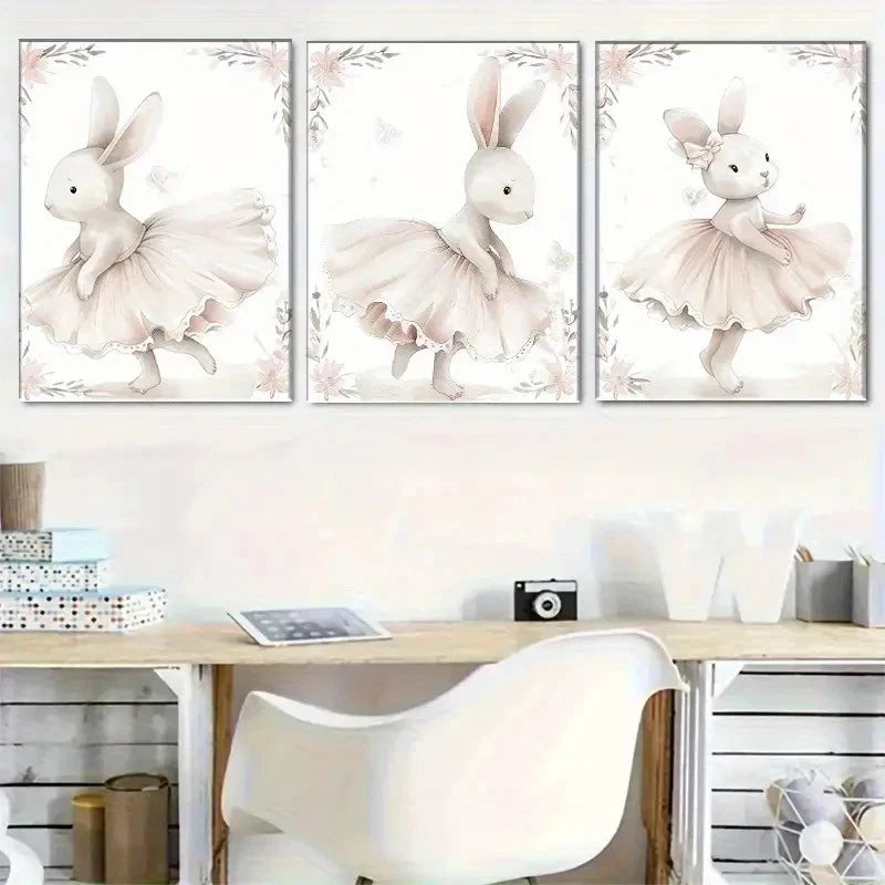 3pcs Adorable Ballet Rabbit Cute Rabbit Dancer Metal Print Ready to Hang Art