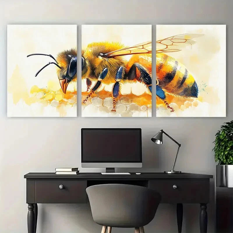 3pcs Vibrant Watercolor Bee Honey Themed Metal Print Ready to Hang Art