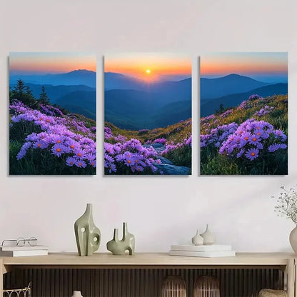 3pcs Blue Ridge Landscape with Vibrant Flowers Metal Print Ready to Hang Art