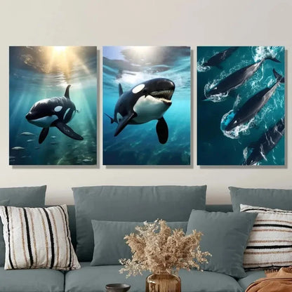 3pcs ,Fish Animal Theme, Ink Painting, Metal Print Ready to Hang Art