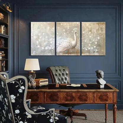 3pcs Elegant White Peacock Art Abstract Feather Metal Print Ready to Hang Art