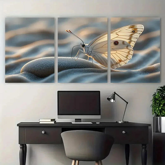 3pcs White Butterfly on Pebble with Sand Waves Zen Metal Print Ready to Hang Art