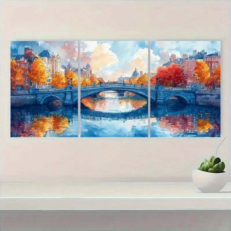 3pcs Vibrant Watercolor Cityscape with River LiffeyMetal Print Ready to Hang Art