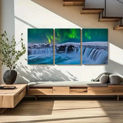 3pcs Snow Scene Aurora and Waterfall Wall Art Set Canvas Framed 40x60cm - High Quality Print 100% Australian Made Wall Canvas Ready to Hang