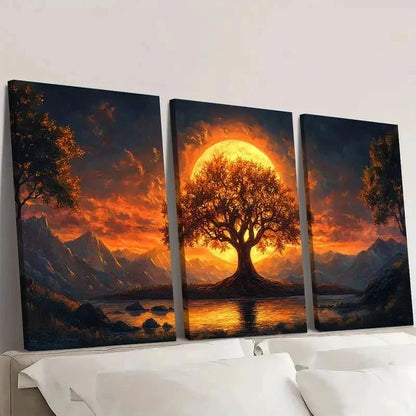 3pcs Modern Golden Tree Sunset Mountain Art l Wall Art Set Canvas Framed 50x70cm - High Quality Print 100% Australian Made Wall Canvas Ready to Hang