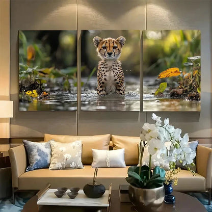 3pcs Youngsters Cheetah Standing In Water Metal Print Ready to Hang Art