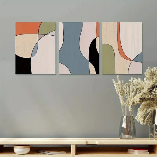 3pcs Designs in Shades ofOrange Blue Black & Green Metal Print Ready to Hang Art
