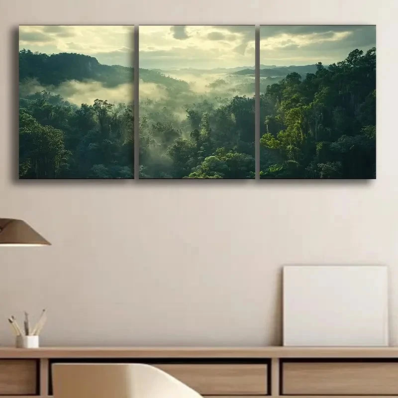 3pcs Green Themed Foggy Forest Metal Print Ready to Hang Art