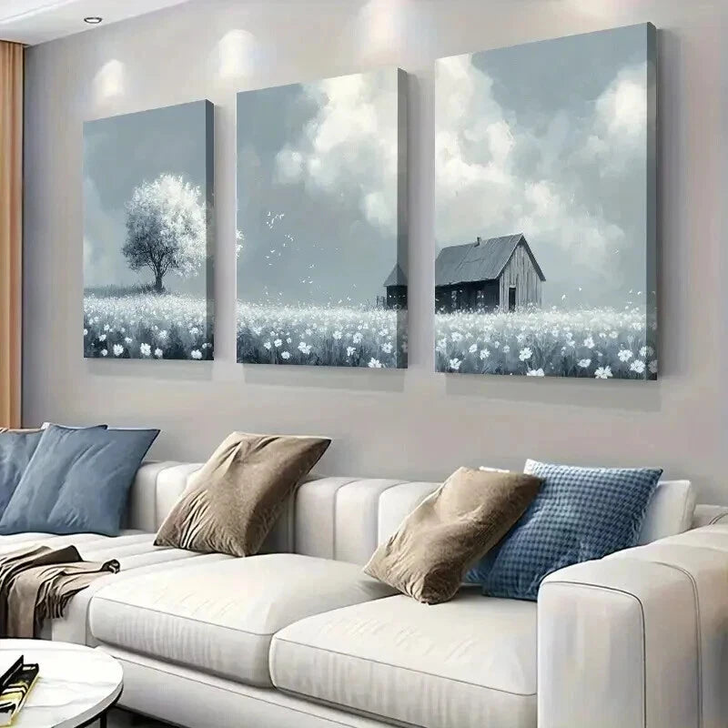 3pcs Wildflower Field Blue And White Tranquil Wall Art Set Canvas Framed 40x60cm - High Quality Print 100% Australian Made Wall Canvas Ready to Hang