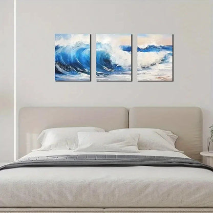 3pcs Dynamic Sea Waves in Blue & White Beach Metal Print Ready to Hang Art