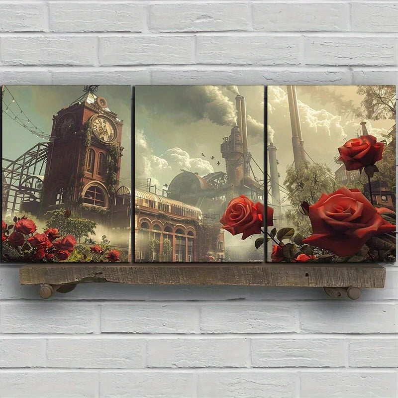 3pcs Red Roses Big Tower White Clouds Metal Print Ready to Hang Art