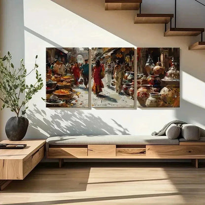 3pcs Indian Market Colorful Pottery Wall Art Set Canvas Framed 40x60cm - High Quality Print 100% Australian Made Wall Canvas Ready to Hang
