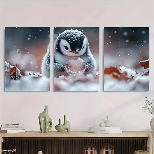 3pcs Adorable Penguin Snow Globe Metal Print Ready to Hang Art