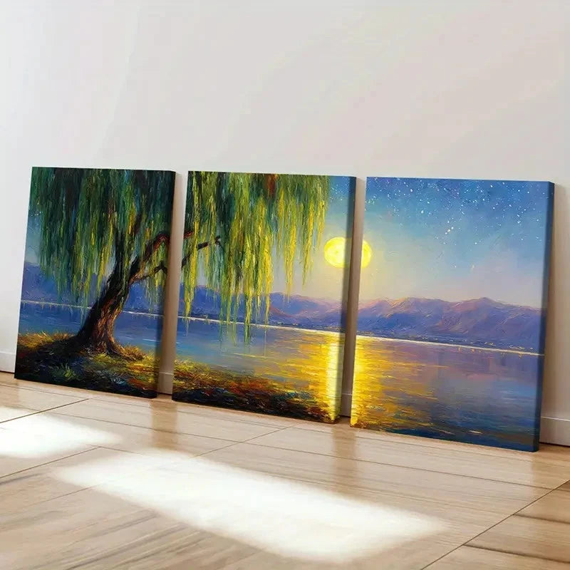 3pcs Moonlit Willow Tree Serene Lake Reflection Wall Art Set Canvas Framed 60x90cm - High Quality Print 100% Australian Made Wall Canvas Ready to Hang