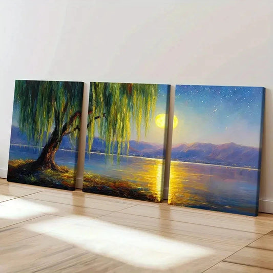 3pcs Moonlit Willow Tree Serene Lake Reflection Wall Art Set Canvas Framed 60x90cm - High Quality Print 100% Australian Made Wall Canvas Ready to Hang