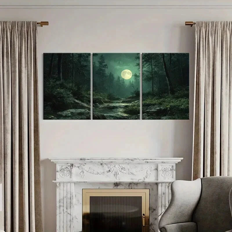 3pcs Moonlit Forest Stream Nature Landscape Metal Print Ready to Hang Art