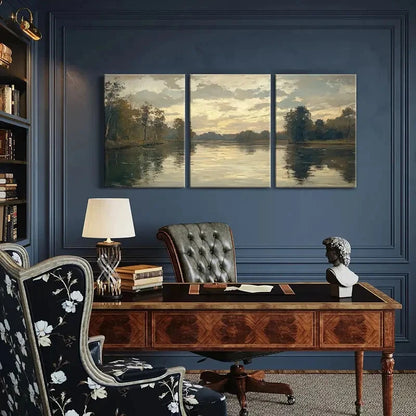 3pcs Landscape Painting Serene River Scenery Metal Print Ready to Hang Art