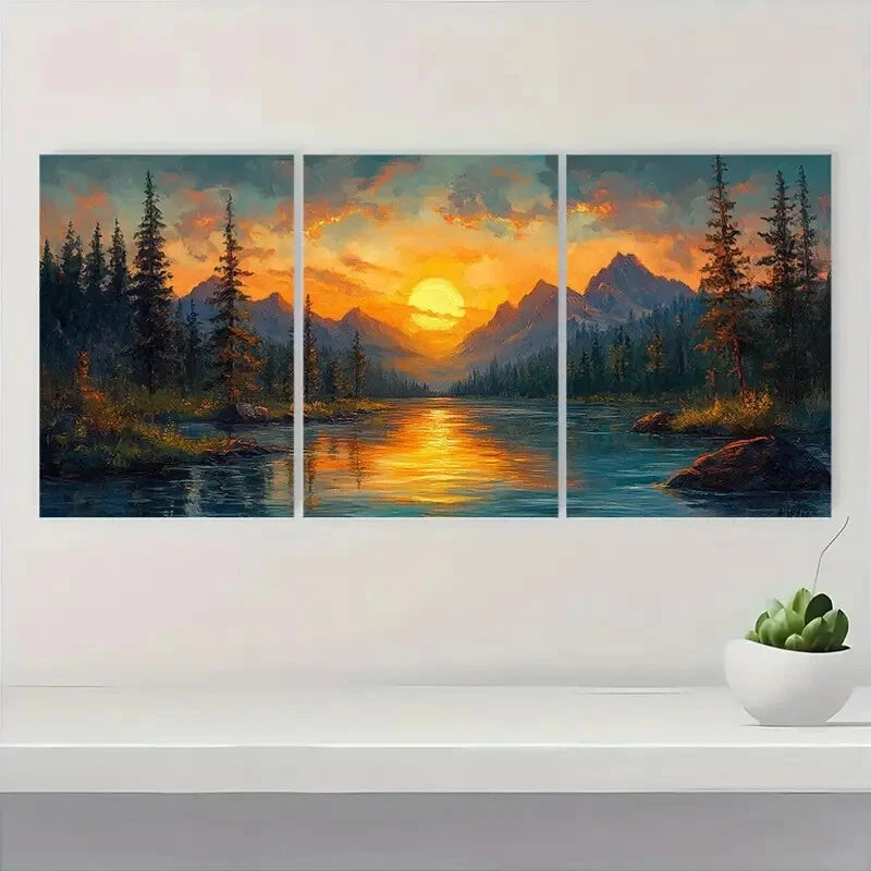 3pcs Mountain Sunrise Warm Golden Skies over Deep Metal Print Ready to Hang Art