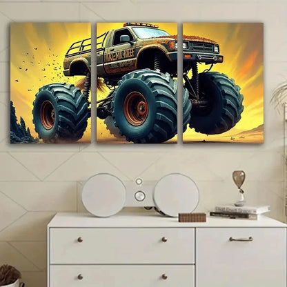 3pcs Monster Trucks Flying By Metal Print Ready to Hang Art