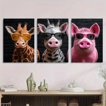 3pcs Animals with Glasses Funny Animal Metal Print Ready to Hang Art