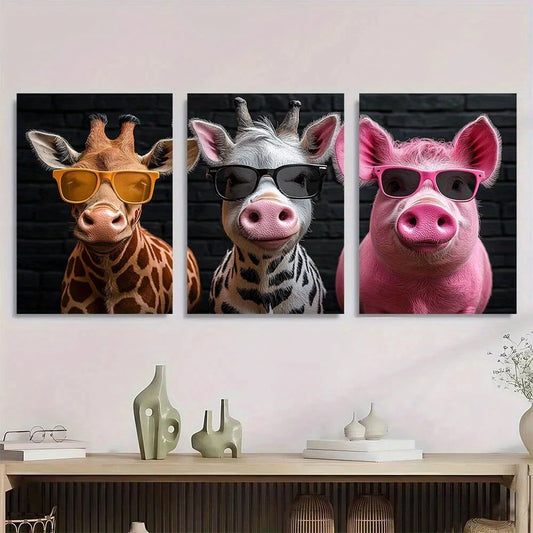 3pcs Animals with Glasses Funny Animal Metal Print Ready to Hang Art