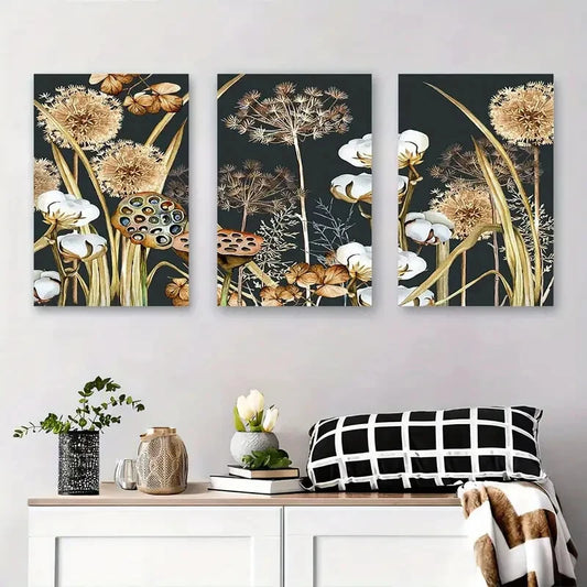 3pcs Abstract Floral Lotus Golden Flower Metal Print Ready to Hang Art
