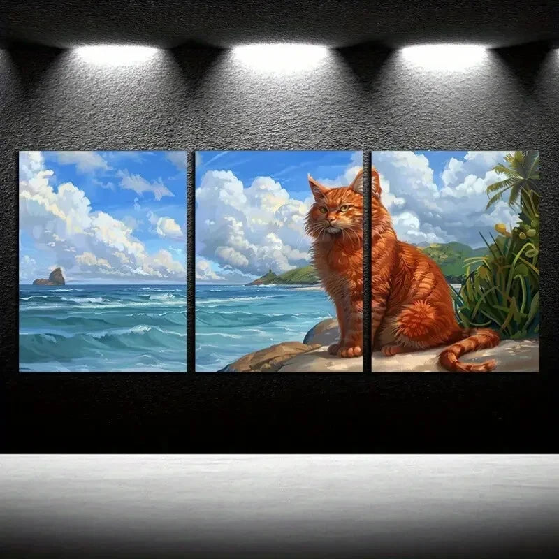 3pcs Charming Orange Cat by the Tranquil Sea Shore Metal Print Ready to Hang Art