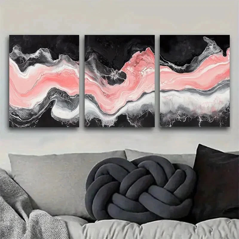 3pcs Portrait Orientation Of Black Pink And White Metal Print Ready to Hang Art