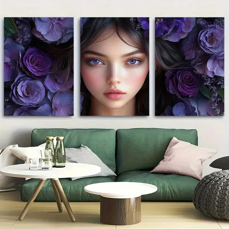 3pcs Dark Fantasy Floral Girl with Purple Rose Metal Print Ready to Hang Art