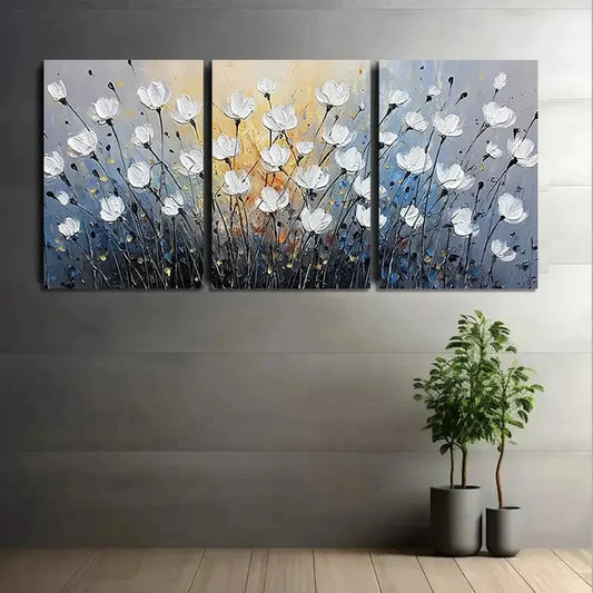 3pcs Abstract Painting Of White Flowers Wall Art Set Canvas Framed 40x60cm - High Quality Print 100% Australian Made Wall Canvas Ready to Hang